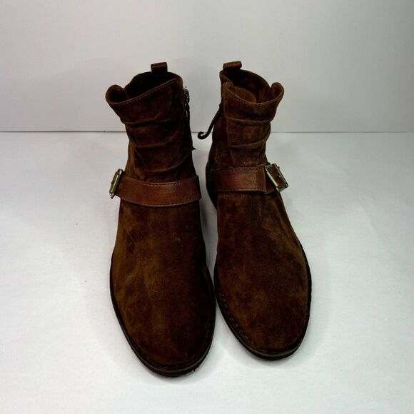 Trask Naomi Suede Brown Ankle Boots Low Cut Booties Buckle Leather Comfy NWOT - Picture 3 of 12